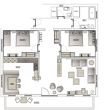 Eine Grundrisszeichnung einer Wohnung mit zwei Schlafzimmern, einem Wohnzimmer und einer Küche. Der Plan zeigt eine offene Raumanordnung mit modernen Möbeln.
