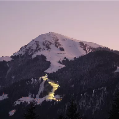 Ein schneebedeckter Berg im Dämmerlicht, umgeben von Tannenbäumen. Skifahrspuren sind auf der Piste sichtbar.