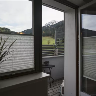 A view of a terrace with a potted plant and beautiful mountain landscapes in the background. The windows show a tranquil landscape with gentle hills.