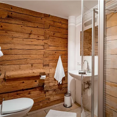 Ein modernes Badezimmer mit Holzpaneelen und einer Dusche aus Glas. Die Einrichtung ist schlicht und sauber.