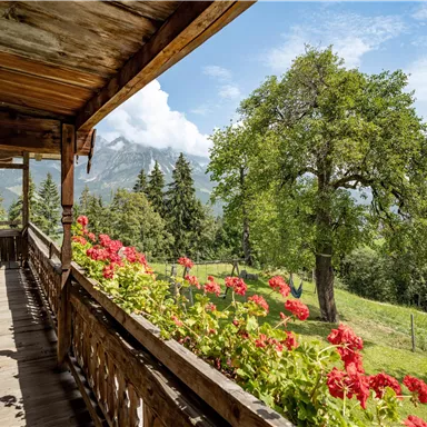 Ein Balkon mit Holzgeländer, geschmückt mit roten Blumen. Im Hintergrund sind grüne Wiesen und Berge unter einem blauen Himmel zu sehen.