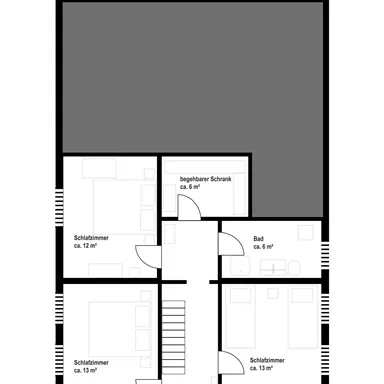 A floor plan of the upper floor of a house. It shows various rooms such as bedrooms, a hallway, and a bathroom.