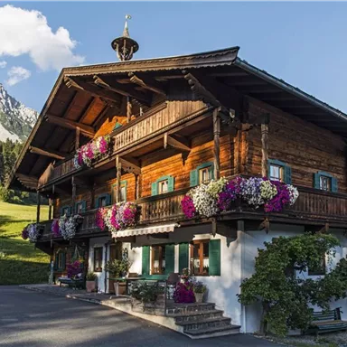 A traditional wooden house with flower boxes and a beautiful mountain in the background. The surroundings are green and idyllic.