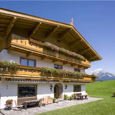 Ein traditionelles Alpenhaus mit Holzverkleidung und Blumenkästen. Im Hintergrund sind Berge und ein klarer blauer Himmel zu sehen.