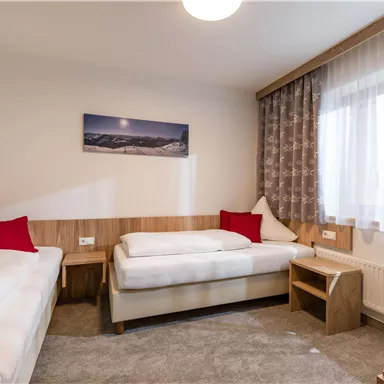 A cozy room with two single beds and a small nightstand.  
Large windows provide plenty of daylight and an alpine landscape decorates the wall.