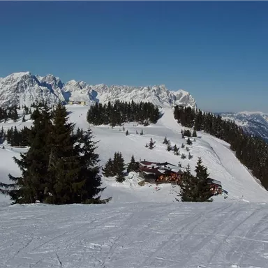 Eine winterliche Landschaft mit schneebedeckten Bergen und dichten Tannen. Im Vordergrund sind einige Hütten zwischen den Bäumen sichtbar.