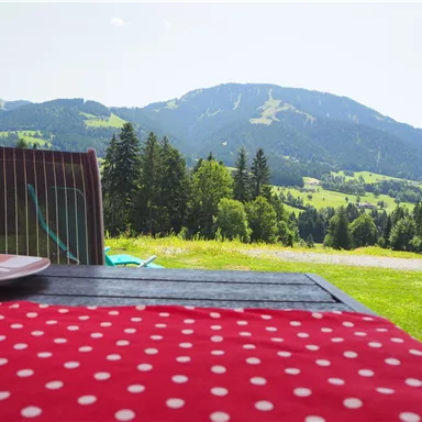 A beautiful view of green hills and mountains. In the foreground, a table with a red polka dot tablecloth.