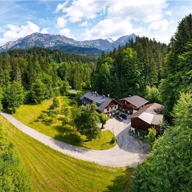 A picturesque landscape with mountains and dense forests. In the foreground, there is a cluster of buildings and a winding path.