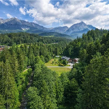 A picturesque alpine landscape with high mountains and dense forests. In the foreground is a green meadow with buildings and nature.