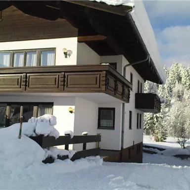 A beautiful chalet in the snow with a large balcony. The surroundings are picturesque with snow-covered trees and a blue sky.