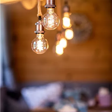 Hanging light bulbs create a cozy atmosphere in a warm, wood-paneled room. In the background, covered tables and decor are visible.