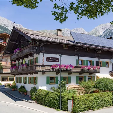 A charming alpine house with colorful flower windows and solar panels. Surrounded by green vegetation and mountains in the background.
