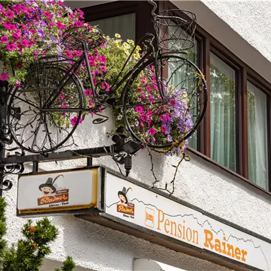 A charming guesthouse with a wrought-iron bicycle and colorful flowers in the window. The sign displays the name "Pension Rainer."