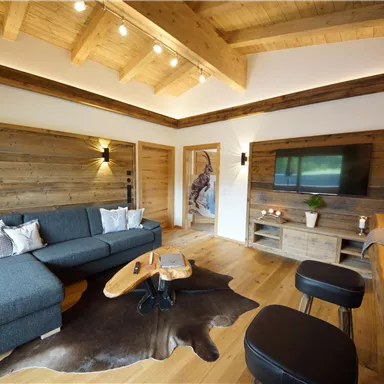 A cozy living room with a gray couch and wooden walls. The atmosphere is warm and inviting, with a modern TV corner.