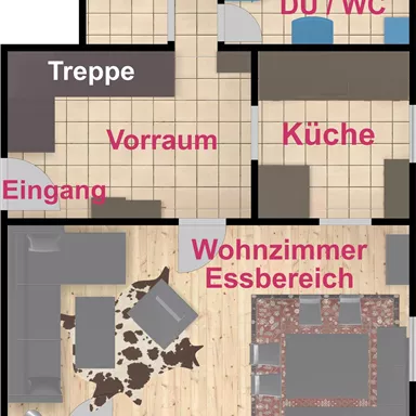 A floor plan of an apartment with different areas. The rooms are labeled, including kitchen, living room, and terrace.