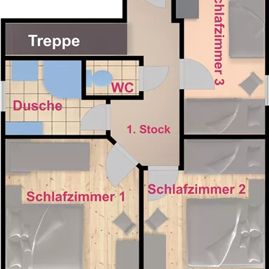 The image shows a layout of a house on the first floor. There are three bedrooms, a bathroom with a shower, and a toilet indicated.