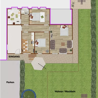 A floor plan sketch of a house with several rooms, a bathroom, and an entrance. The outdoor area shows a garden with seating and a space for chickens or quails.