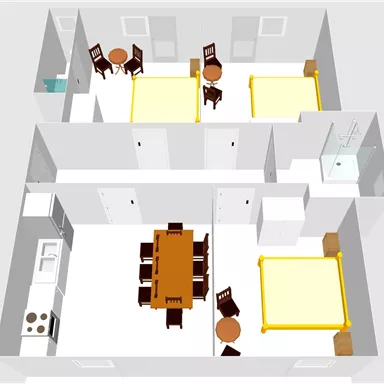 Eine schematische Darstellung einer Wohnung mit zwei Schlafzimmern, einem Essbereich und einer Küche. Die Möbel sind einfach angeordnet, mit Tischen und Stühlen in jedem Raum.