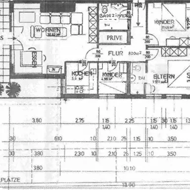 A construction drawing of a residential plan with multiple rooms. The rooms are clearly illustrated, including living area, kitchen, and bedroom.