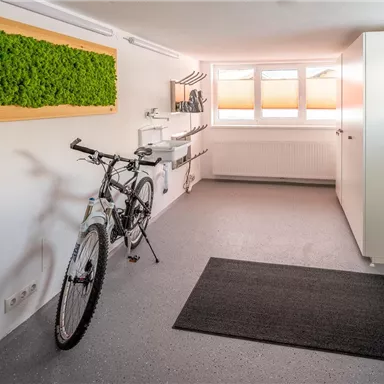 A minimalist room with a bicycle, bright walls, and a green moss picture on the wall. There is a wardrobe and windows that let in natural light.
