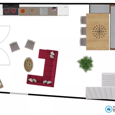 Ein Wohnraum-Layout mit einer roten Couch, einem Holztisch und mehreren Stühlen. Die Küche ist in der linken Ecke mit modernen Geräten angeordnet.