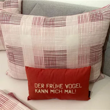 A large pillow with a geometric pattern and a red pillow with the saying "THE EARLY BIRD CAN KISS MY ASS!" on a bed. The pillows give the room a cozy atmosphere.