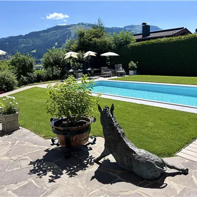 A beautiful garden with a swimming pool and a view of the mountains. Sun umbrellas and garden furniture invite you to relax.