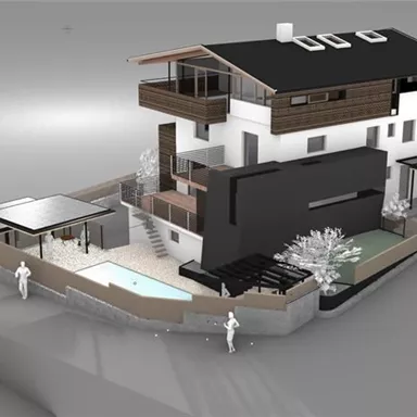 Ein modernes Haus mit zwei Etagen und einem flachen Dach. Im Außenbereich sind ein Pool und eine überdachte Terrasse zu sehen.