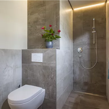 A modern bathroom with a shower and a toilet. There are green plants and colorful towels.