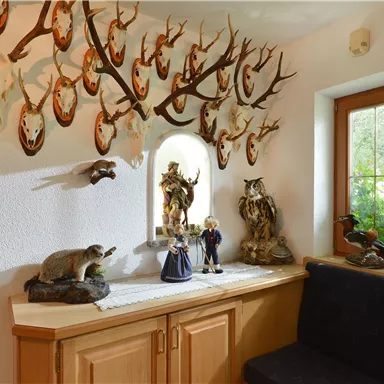Ein rustikaler Raum mit einem Holzschrank und dekorativen Trophäen an der Wand. Darunter stehen Figuren und eine Sitzgelegenheit.