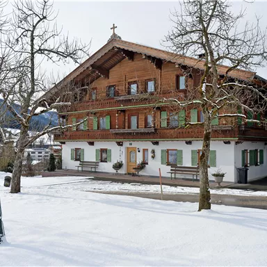 Ein traditionelles, holzverkleidetes Haus im alpinen Stil. Es steht in einer schneebedeckten Umgebung mit kahlen Bäumen.