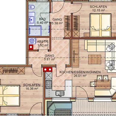 Eine einfache Grundrisszeichnung einer Wohnung mit drei Schlafzimmern, einem Badezimmer und einem großen Wohn- und Essbereich. Die Räume sind klar gegliedert und mit entsprechenden Quadratmeterangaben versehen.
