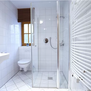 Ein modernes Badezimmer mit einer Dusche aus Glas und weißen Fliesen. Im Raum sind auch ein Toilettenbecken und ein Handtuchheizkörper zu sehen.