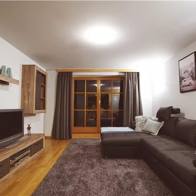 Ein modernes Wohnzimmer mit einem gemütlichen Sofa und einem Fernseher. Große Fenster und Holzregale sorgen für eine einladende Atmosphäre.