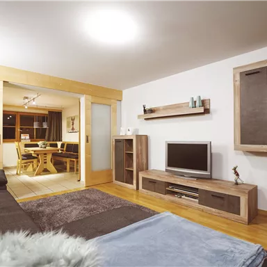 Eine helle und moderne Wohnung mit einem gemütlichen Wohnzimmer. Der Raum ist gut eingerichtet mit einem Sofa, einem Fernseher und einem Holzregal.