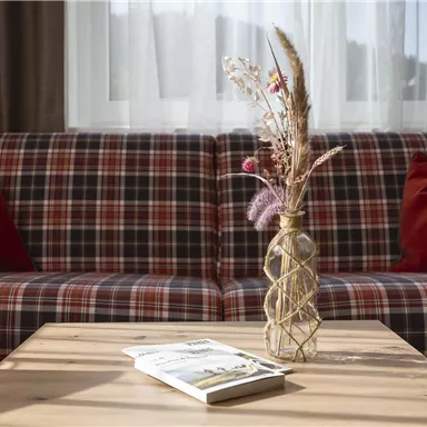 A cozy living room with a checked sofa and red cushions. On the table is a vase with dried flowers and a book.