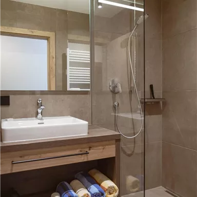 A modern bathroom with a walk-in shower and a sink. Towels are neatly stored on a wooden shelf.