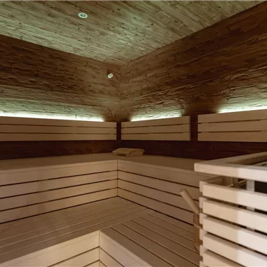 A modern sauna with bright wood paneling and soft lighting. The space offers room to relax and feel good.