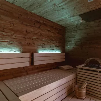 A cozy sauna with wooden paneling and gentle green light. The benches and the bucket are ready for relaxation.