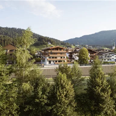 A picturesque landscape with traditional houses in the mountains. In the foreground, there are many trees and gentle hills visible.