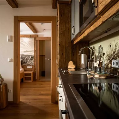 A modern designed kitchen area with wooden paneling and a cooking field. In the background, a cozy living space with a sleeping area is visible.