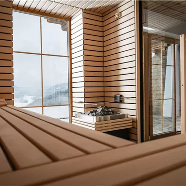 Eine moderne Sauna mit Holzverkleidung und großen Fenstern. Die Atmosphäre ist warm und einladend, ideal zum Entspannen.