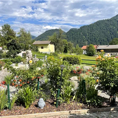 A beautiful garden with colorful flowers and a view of the mountains. In the background, several houses and a green meadow can be seen.