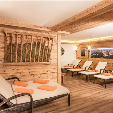 Ein entspannender Wellnessbereich mit gemütlichen Liegen und rustikalem Holzdekor. Der Raum vermittelt eine ruhige Atmosphäre mit Blick auf die Berge.