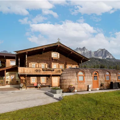 Ein traditionelles Holzhaus mit einem charmanten Anbau in einer malerischen Berglandschaft. Der Himmel ist klar und die Umgebung grün und einladend.