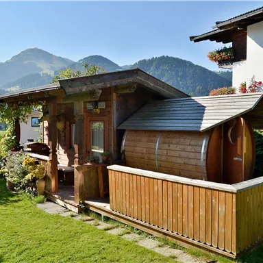 Ein typisches Holzhaus mit einer Sauna im Garten, umgeben von grüner Wiese und Bergen im Hintergrund. Der Himmel ist klar und sonnig.
