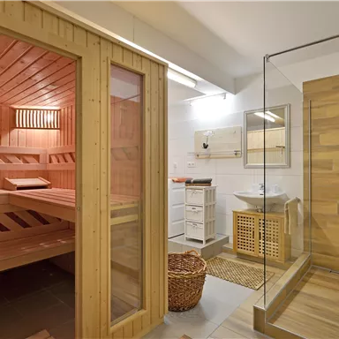 A modern bathroom with a sauna and a shower. The sauna is made of wood and the shower area is elegantly designed.
