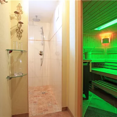 A modern bathroom with a shower on the left side and a sauna on the right. The sauna has green lighting and wooden shelves.