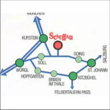 A simple sketch of a transport network in the region around Scheffau. The main places are connected by green and red dots as well as blue lines.