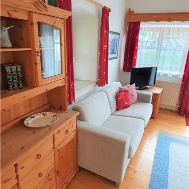 A cozy living room with a gray sofa and red cushions. The room is bright and has a wooden chest of drawers as well as a television.